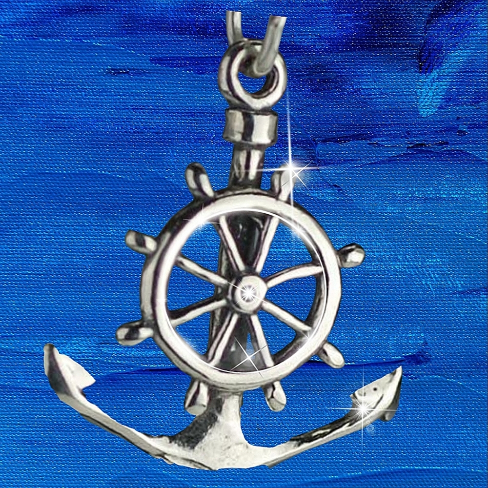 Ship's Wheel on Anchor Charm Silver Necklace